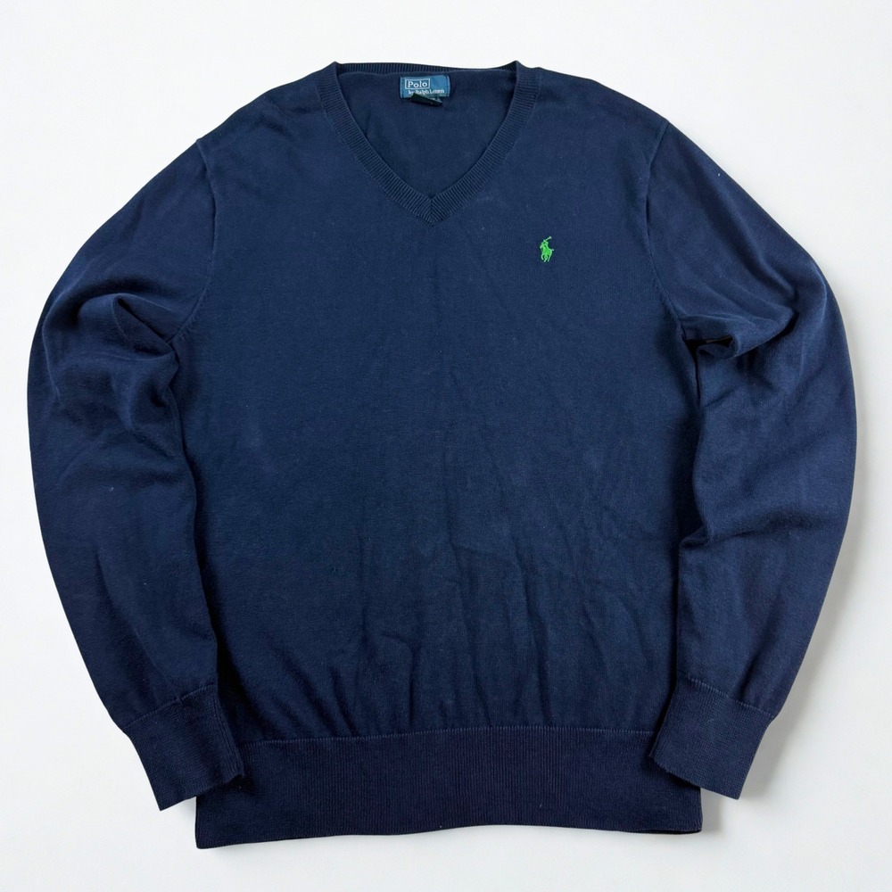 Polo Ralph Lauren V-Neck Sweater Youth XL 18-20 Navy Blue Lime Green Pony Preppy